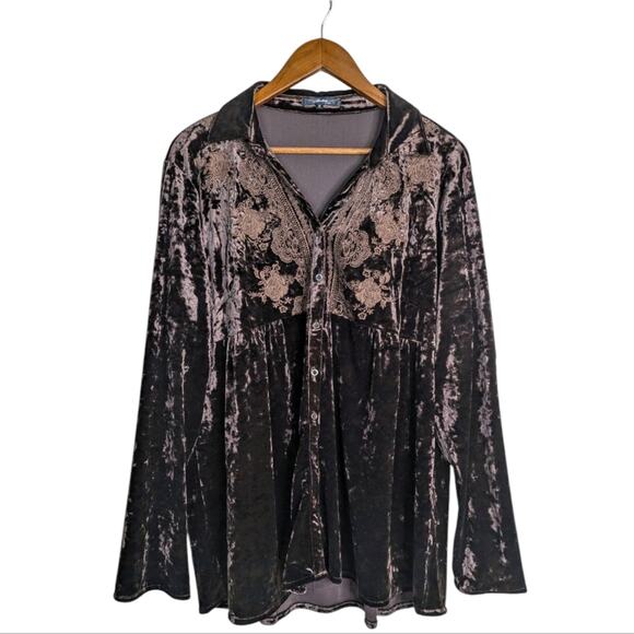 Andree by Unit Velvet Embroidered Floral Tunic Top 1X Brown Button Roll Tab Sl - Picture 11 of 11